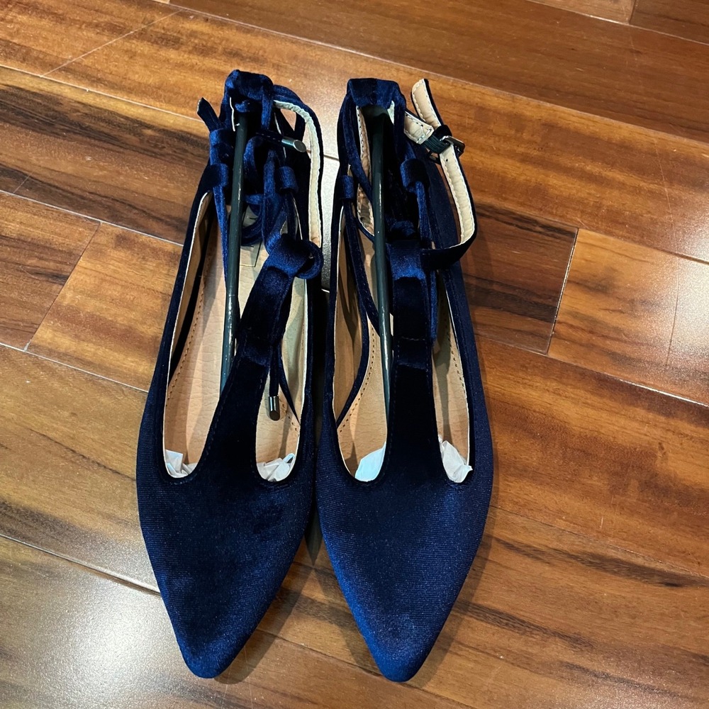 Navy Velvet Ballet Flat‎ Lace Up Pointed Toe Strappy T Yoki Urban-80 New Size 9